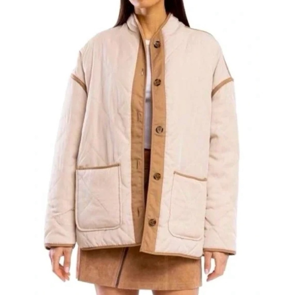 BLANK NYC Reversible Quilted Puffy Jacket Button Coat Cream Neutral Floral Print - Picture 2 of 11